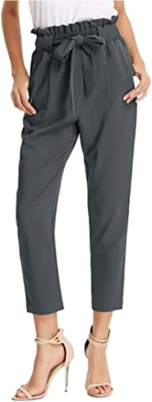 Maiyifu-GJ Women's Paper Bag Belted Pencil Pants High Elastic Waist Solid Ankle Pant Casual Slim Fit Self Tie Office Trouser