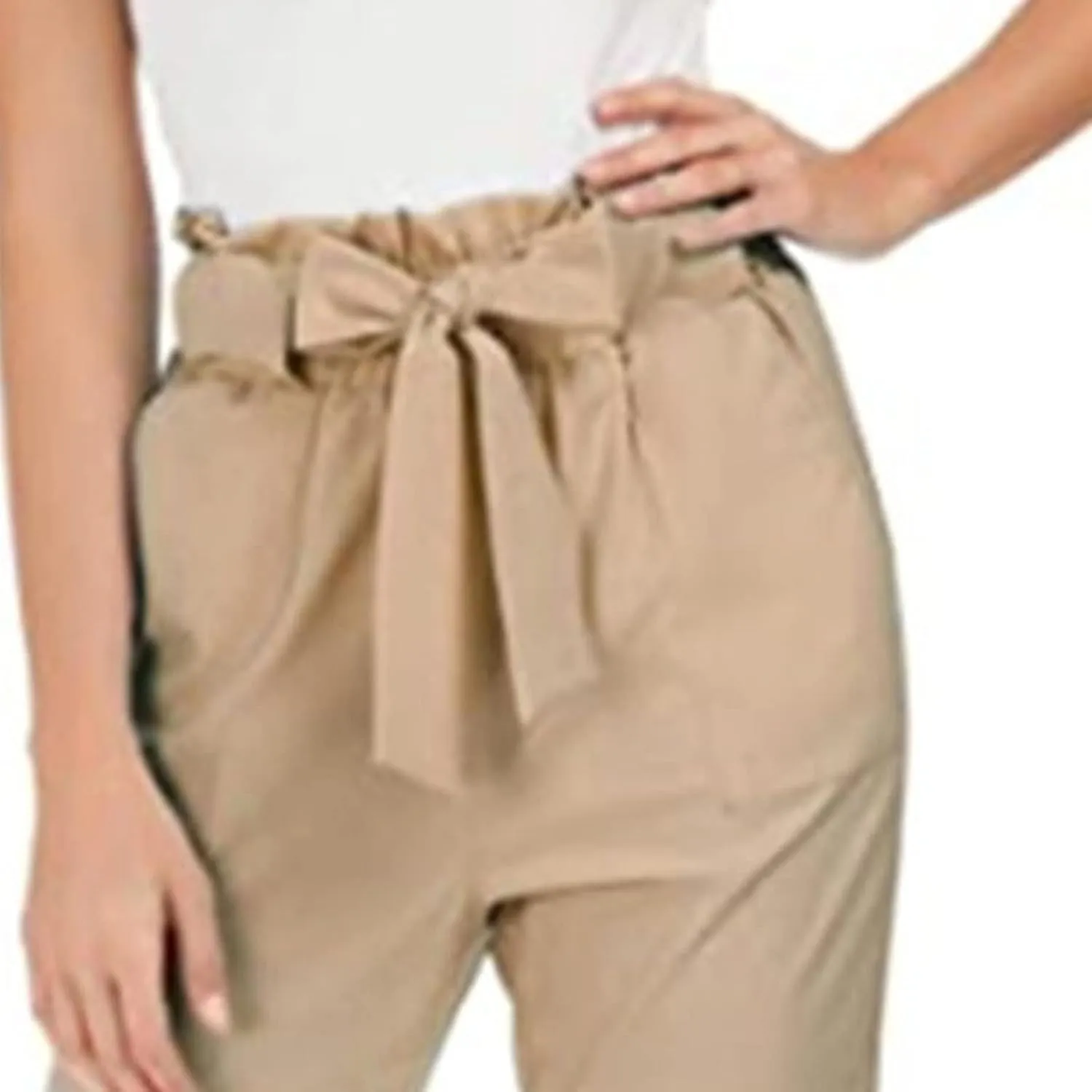 Maiyifu-GJ Women's Paper Bag Belted Pencil Pants High Elastic Waist Solid Ankle Pant Casual Slim Fit Self Tie Office Trouser