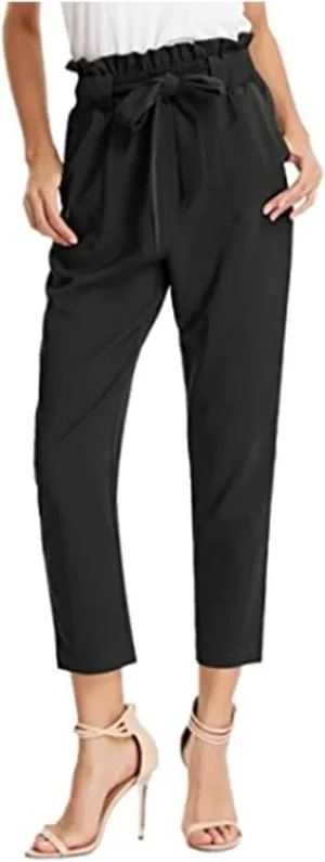 Maiyifu-GJ Women's Paper Bag Belted Pencil Pants High Elastic Waist Solid Ankle Pant Casual Slim Fit Self Tie Office Trouser