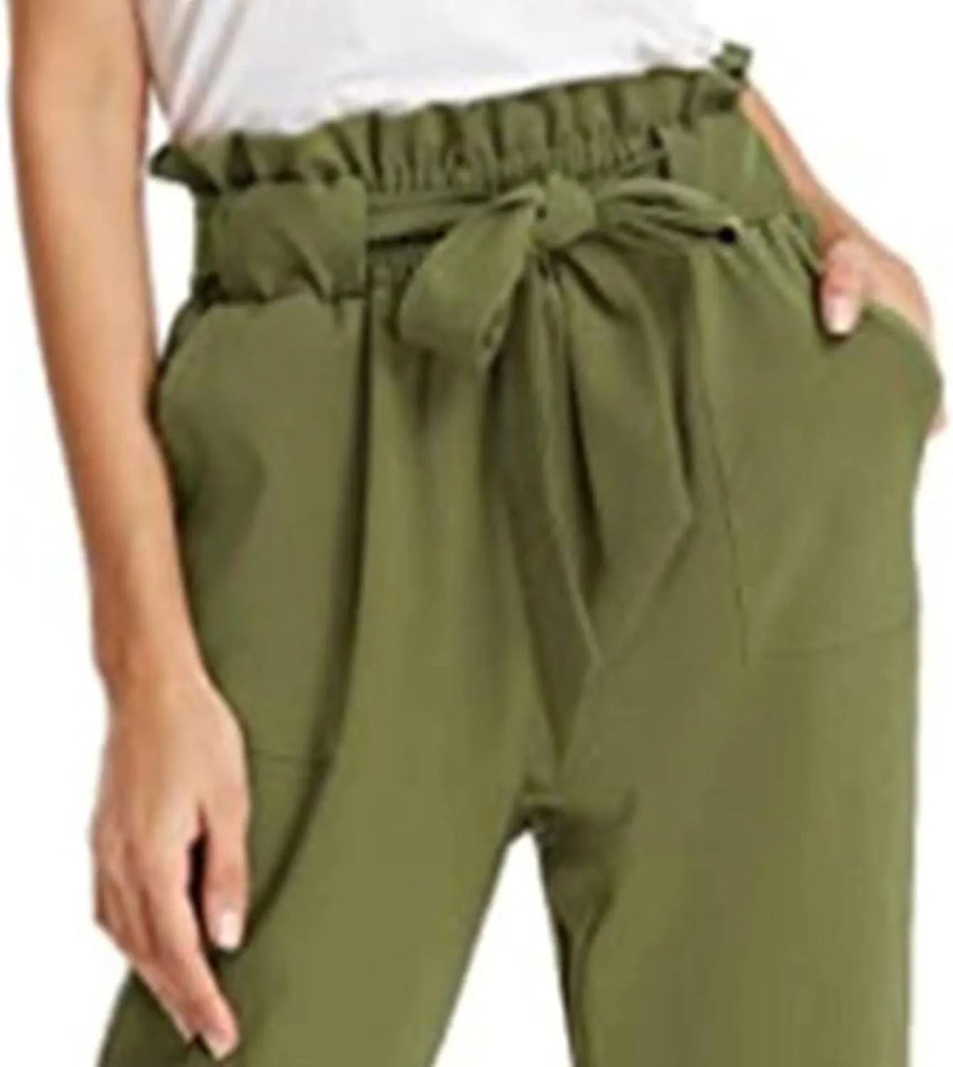 Maiyifu-GJ Women's Paper Bag Belted Pencil Pants High Elastic Waist Solid Ankle Pant Casual Slim Fit Self Tie Office Trouser