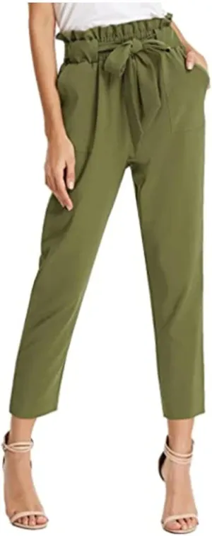 Maiyifu-GJ Women's Paper Bag Belted Pencil Pants High Elastic Waist Solid Ankle Pant Casual Slim Fit Self Tie Office Trouser