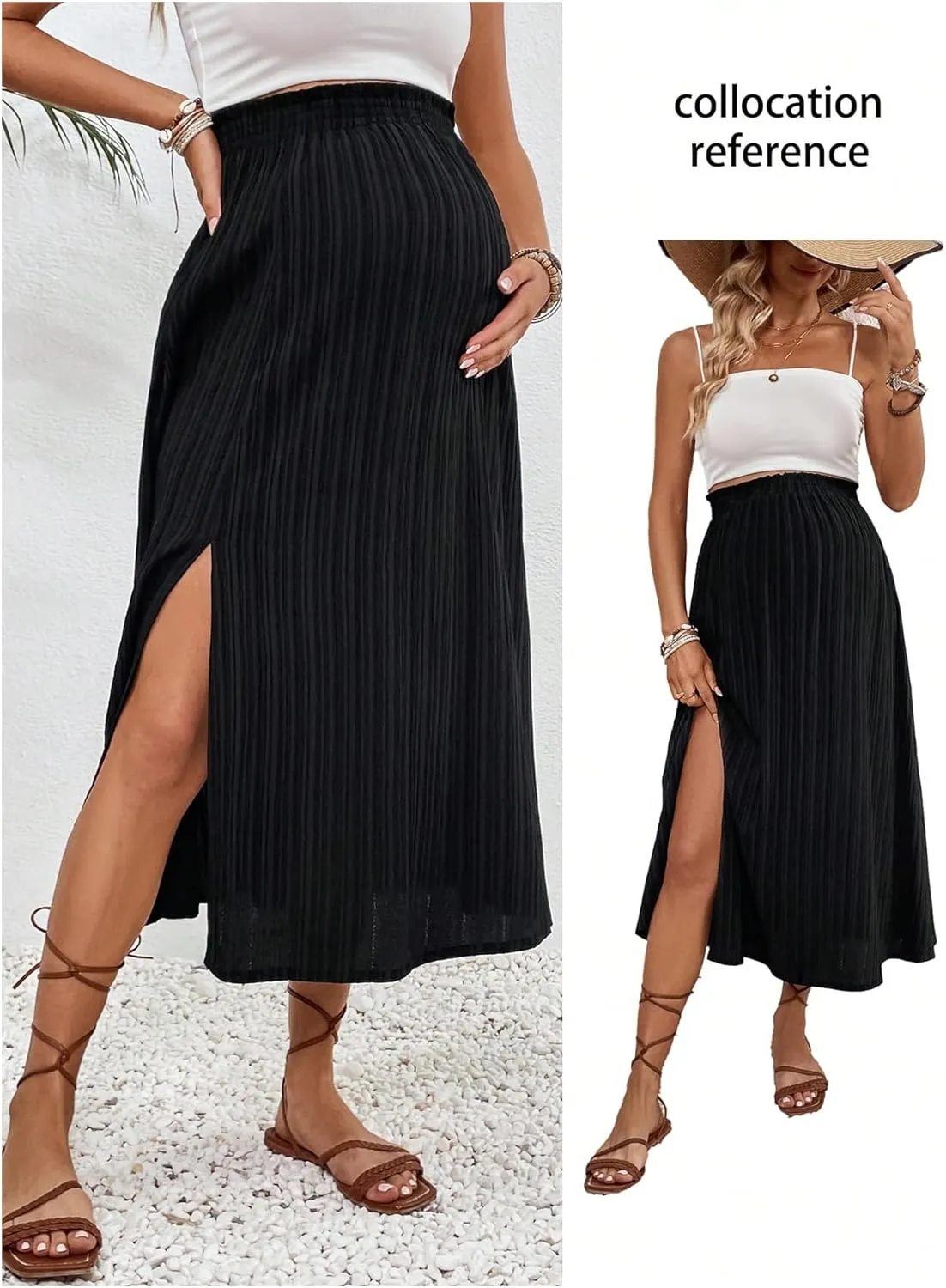 MakeMeChic Women's Maternity Skirt Elastic Waist Split Side Pleated Summer Pregnancy Long Skirts