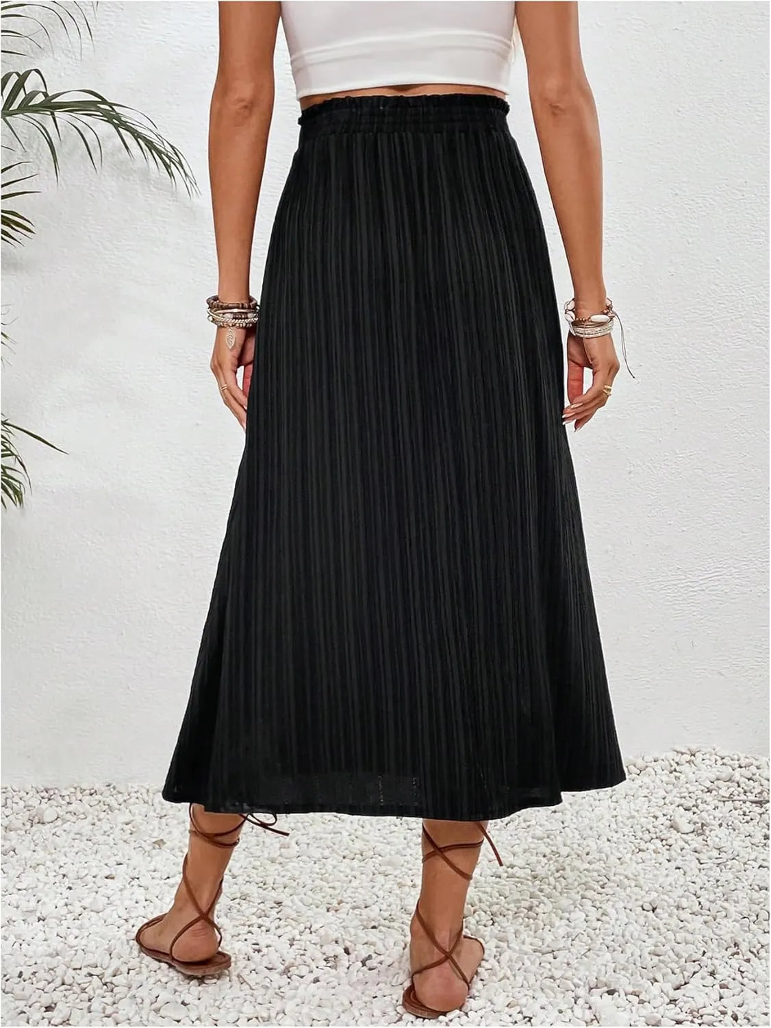 MakeMeChic Women's Maternity Skirt Elastic Waist Split Side Pleated Summer Pregnancy Long Skirts