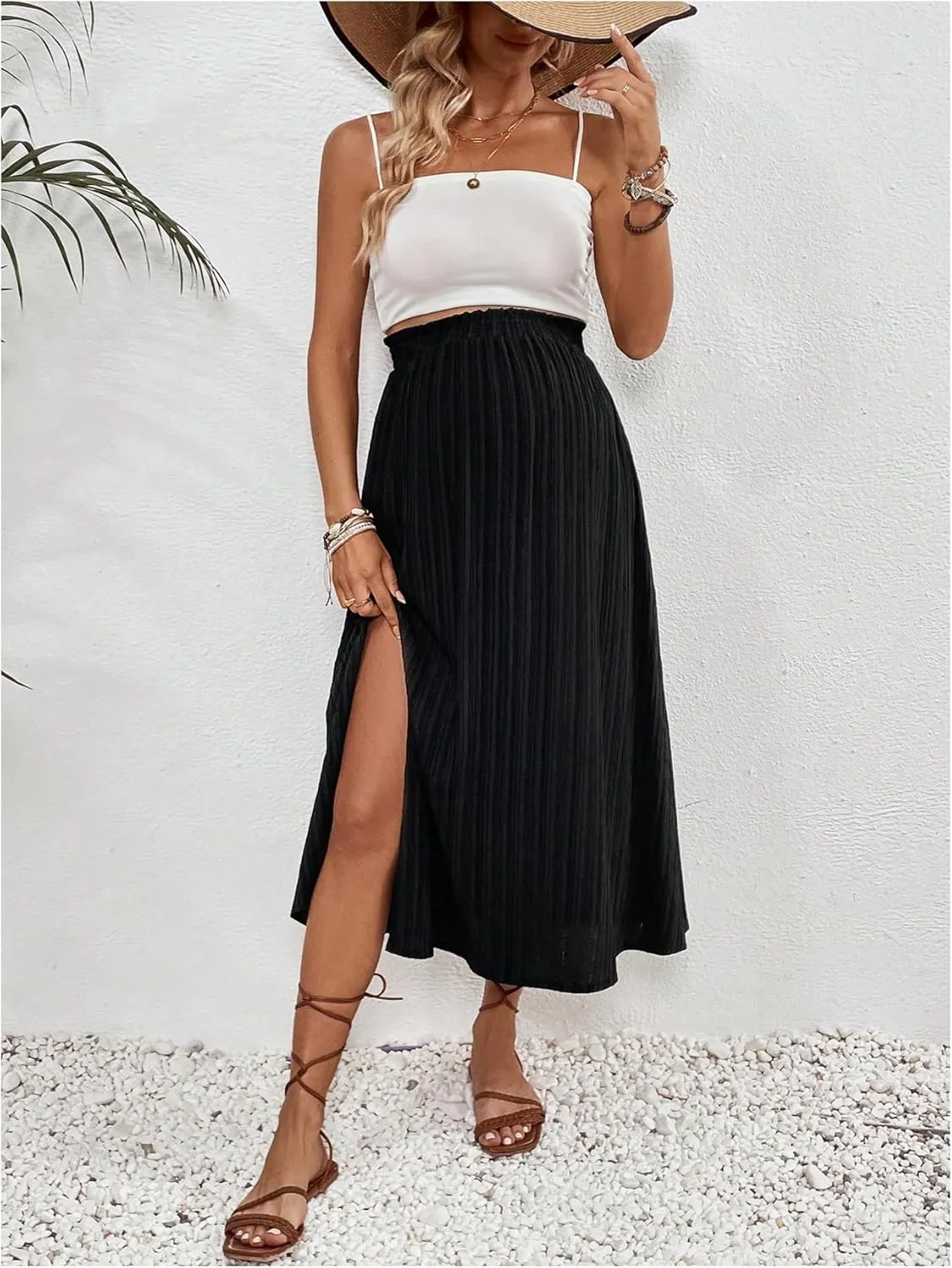 MakeMeChic Women's Maternity Skirt Elastic Waist Split Side Pleated Summer Pregnancy Long Skirts