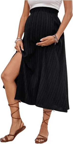 MakeMeChic Women's Maternity Skirt Elastic Waist Split Side Pleated Summer Pregnancy Long Skirts