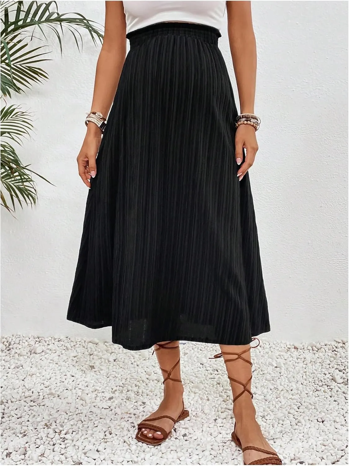 MakeMeChic Women's Maternity Skirt Elastic Waist Split Side Pleated Summer Pregnancy Long Skirts