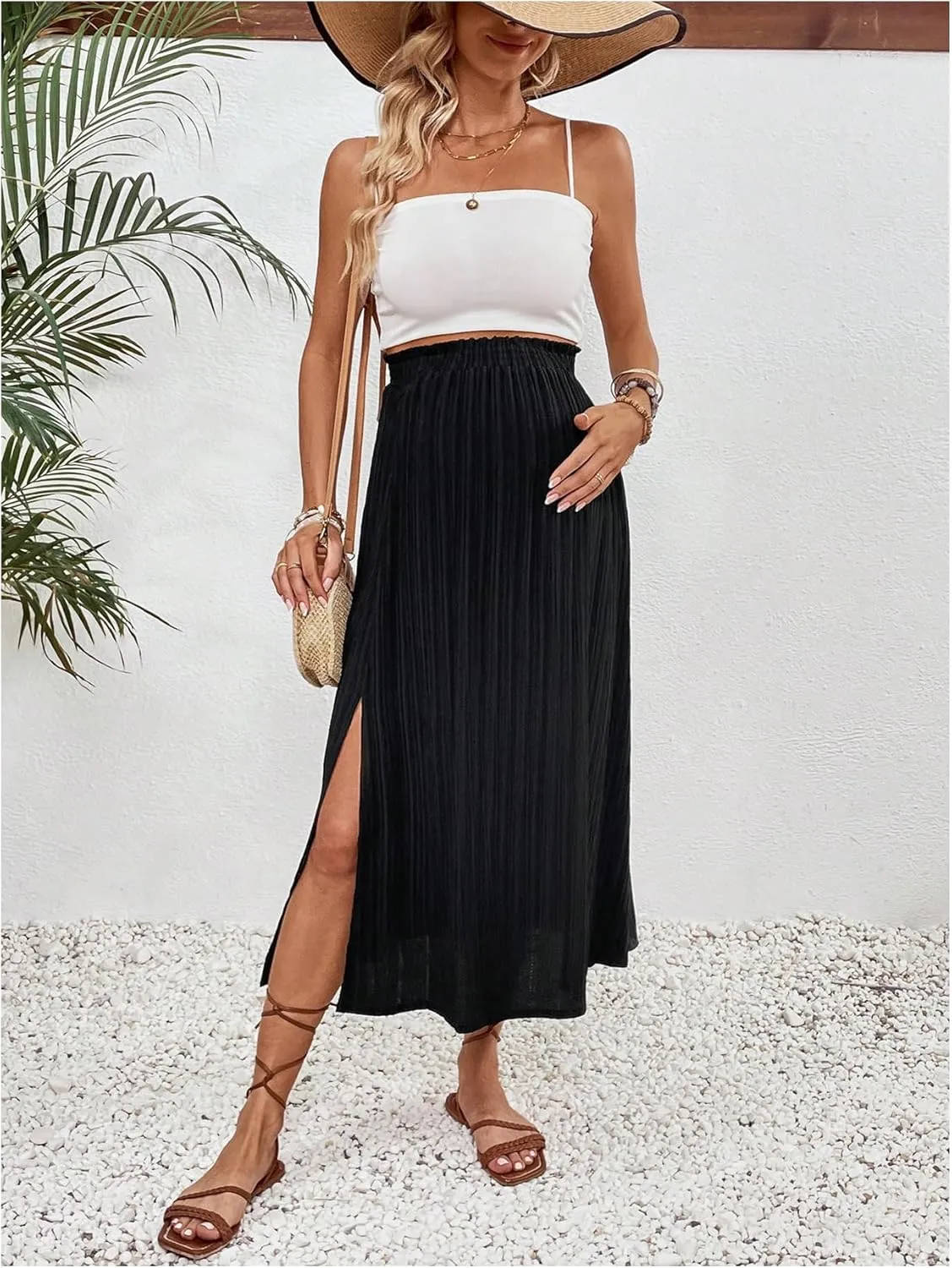 MakeMeChic Women's Maternity Skirt Elastic Waist Split Side Pleated Summer Pregnancy Long Skirts