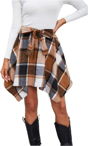 MakeMeChic Women's Plaid Bow Tie Front Skirt Elastic High Waisted Asymmetrical Mini Skirts