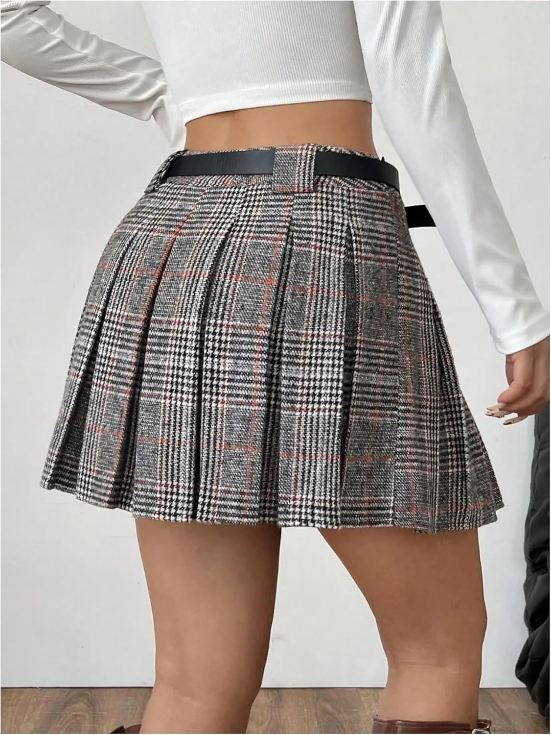 MakeMeChic Women's Pleated Mini Skirt Plaid Print Flared Hem A Line Belted Preppy Short Skirts