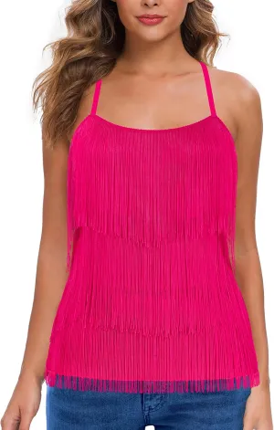 MANER Womens Fringe Top Tassel Trim Cami Spaghetti Strap Tank Tops