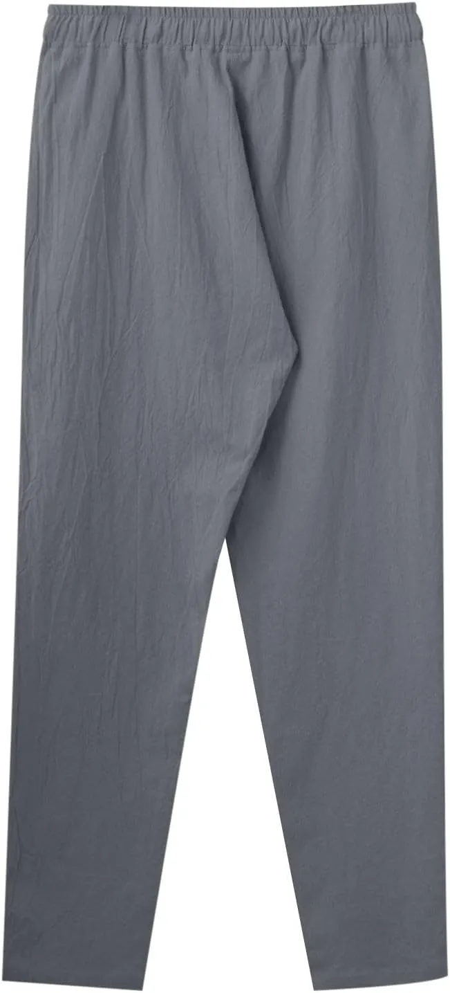 Men Linen Pants Solid Causal Pant Outdoor Vacation Beach Trousers Lightweight Open Bottom Waist Slacks for Summer