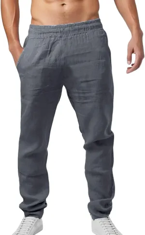 Men Linen Pants Solid Causal Pant Outdoor Vacation Beach Trousers Lightweight Open Bottom Waist Slacks for Summer