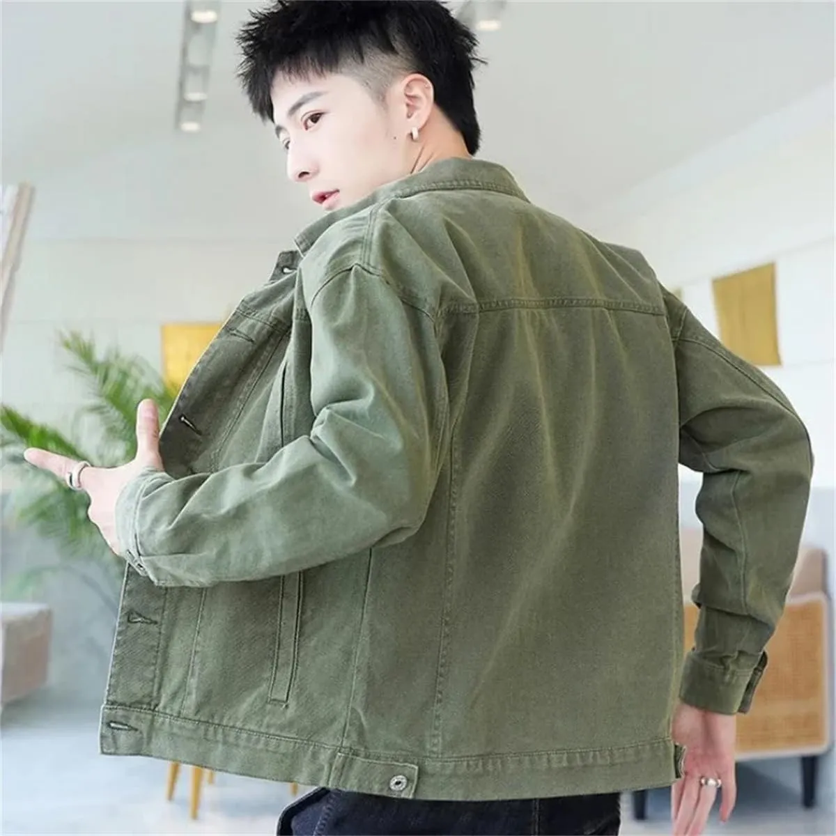 Men Vintage Solid Long Sleeve Denim Jackets Man Autumn Casual Single Breasted Jeans Coat