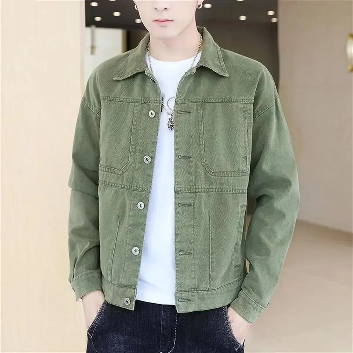 Men Vintage Solid Long Sleeve Denim Jackets Man Autumn Casual Single Breasted Jeans Coat