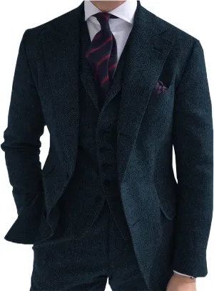 Men's 3 Piece Business Suit Regular Fit Herringbone Groomsmen Tuxedo Wool Jacket Vest & Pants