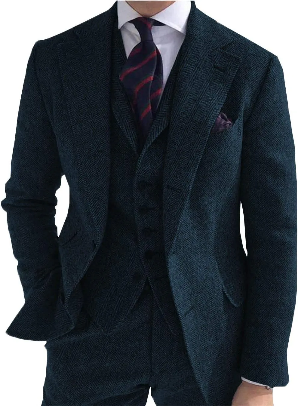 Men's 3 Piece Business Suit Regular Fit Herringbone Groomsmen Tuxedo Wool Jacket Vest & Pants