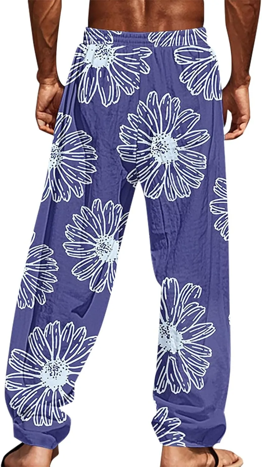 Mens Beach Pants Summer Tropical Plants Print Lightweight Baggy Vacation Slacks Plus Size Drawstring Casual Trousers