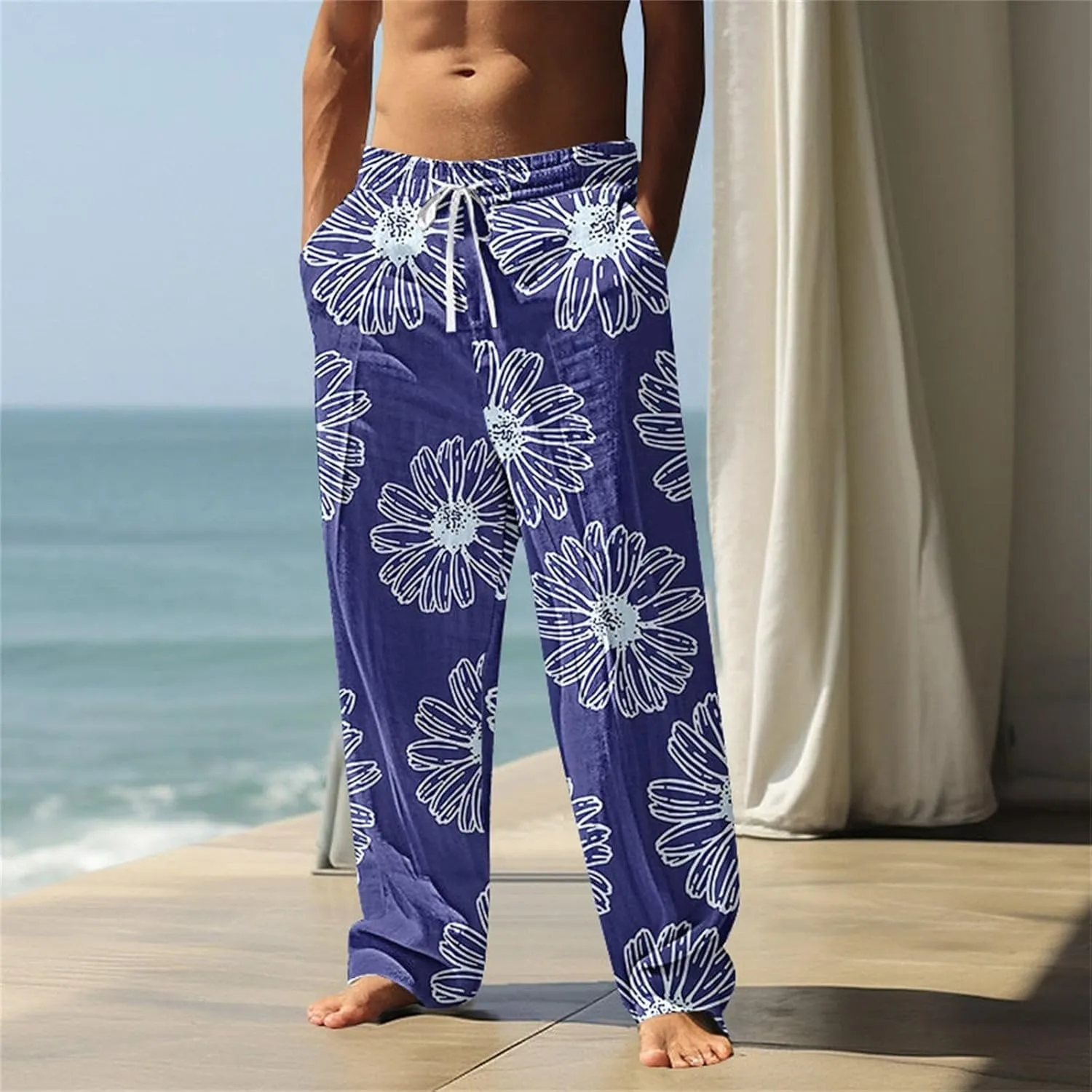 Mens Beach Pants Summer Tropical Plants Print Lightweight Baggy Vacation Slacks Plus Size Drawstring Casual Trousers