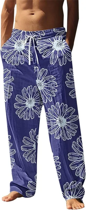 Mens Beach Pants Summer Tropical Plants Print Lightweight Baggy Vacation Slacks Plus Size Drawstring Casual Trousers