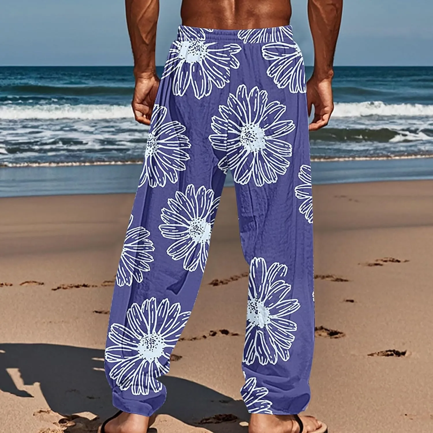 Mens Beach Pants Summer Tropical Plants Print Lightweight Baggy Vacation Slacks Plus Size Drawstring Casual Trousers