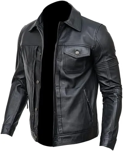 Mens Black Trucker Leather Jacket | Slim Fit Classic Button Chest Pockets leather jacket