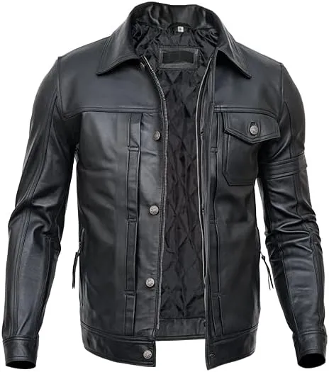 Mens Black Trucker Leather Jacket | Slim Fit Classic Button Chest Pockets leather jacket