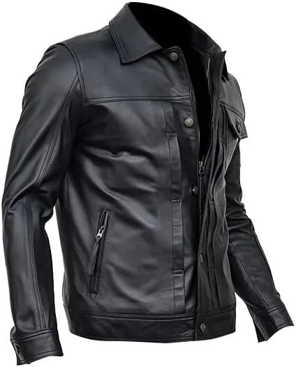 Mens Black Trucker Leather Jacket | Slim Fit Classic Button Chest Pockets leather jacket