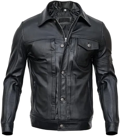 Mens Black Trucker Leather Jacket | Slim Fit Classic Button Chest Pockets leather jacket