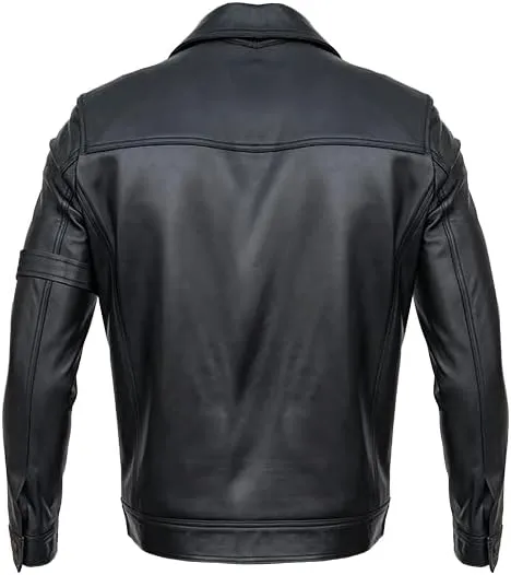 Mens Black Trucker Leather Jacket | Slim Fit Classic Button Chest Pockets leather jacket