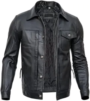 Mens Black Trucker Leather Jacket | Slim Fit Classic Button Chest Pockets leather jacket
