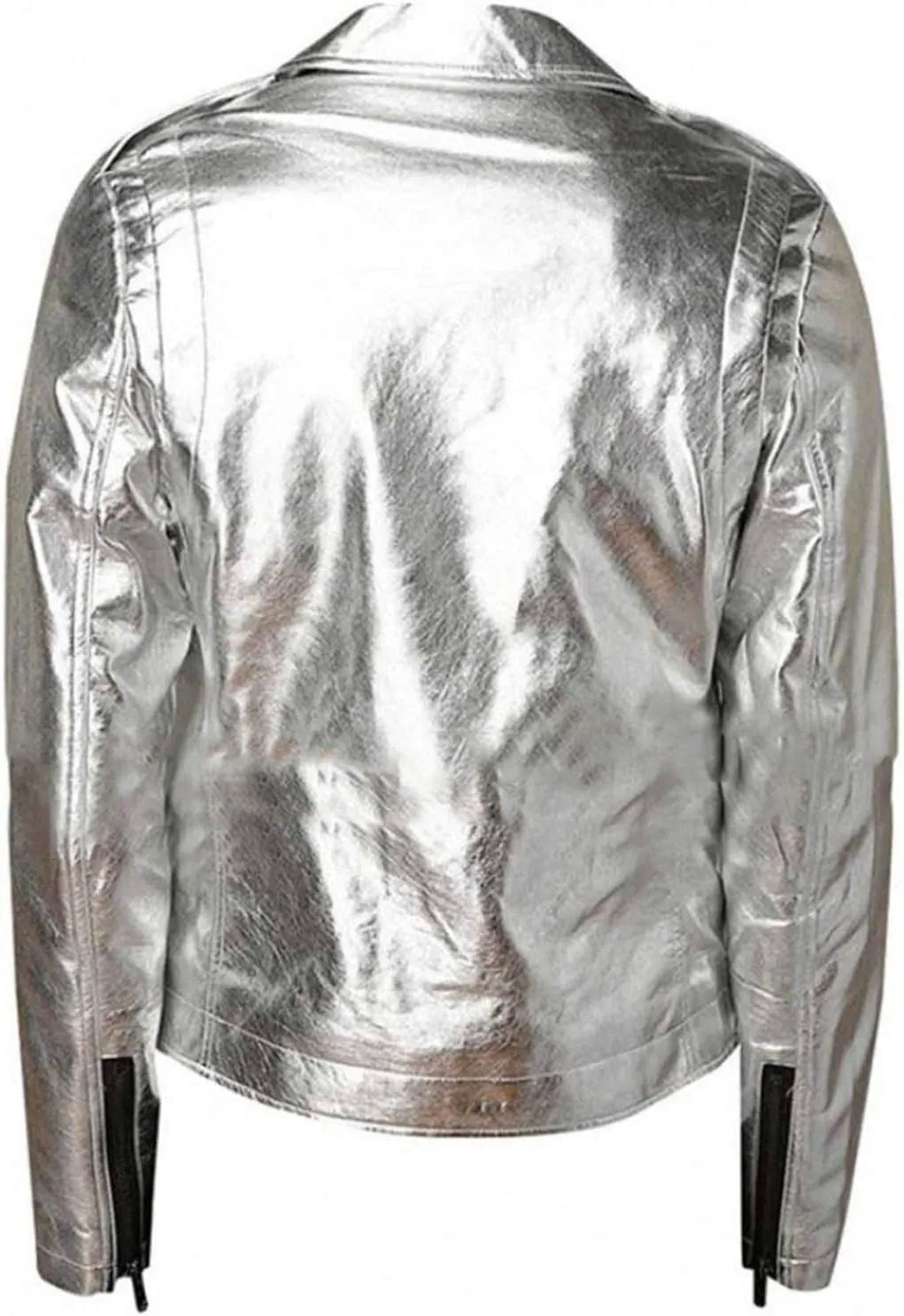 Men's Brando Slim Fit Shiny Silver Motorcycle Belted Leather Jacket, Faux/Real