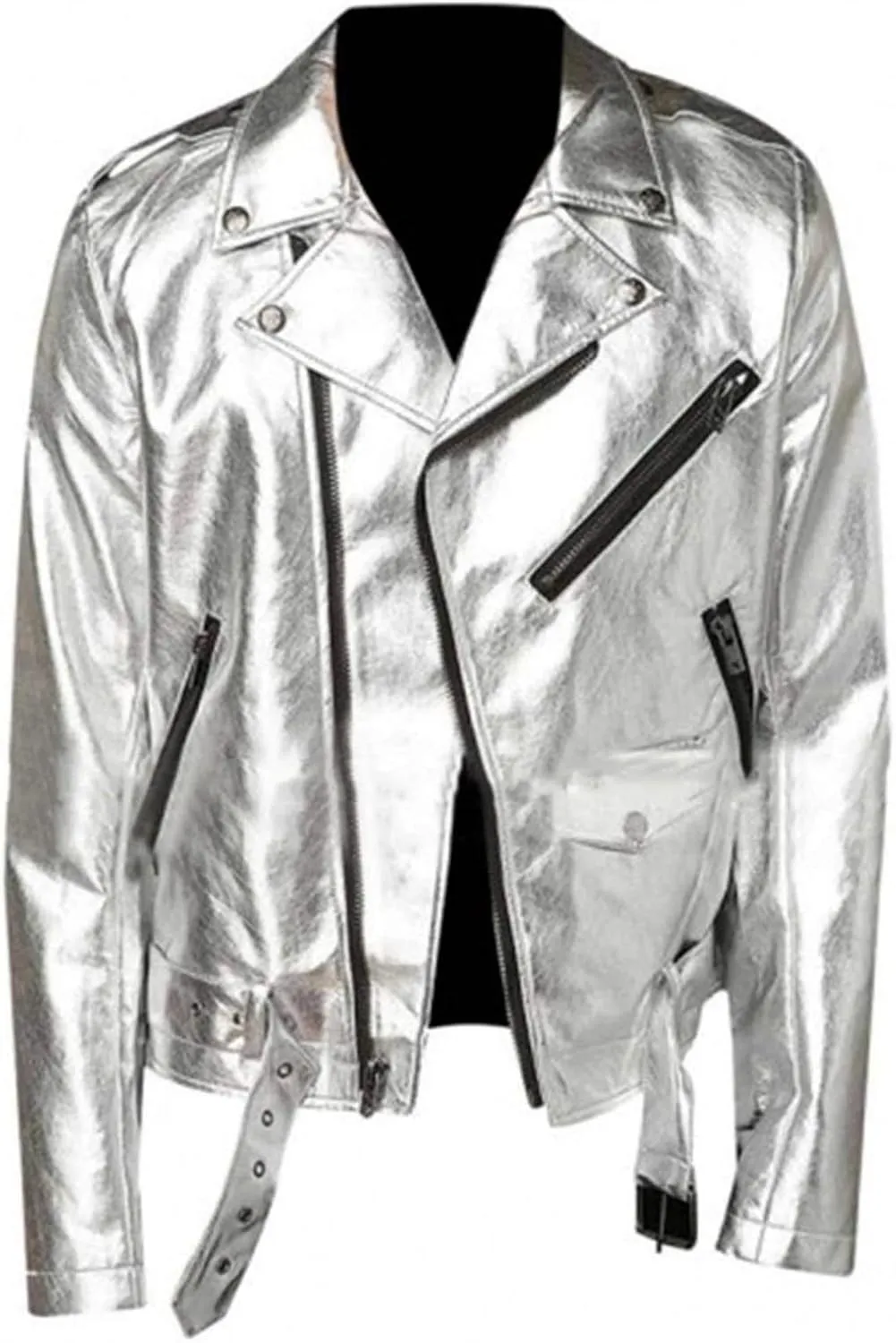 Men's Brando Slim Fit Shiny Silver Motorcycle Belted Leather Jacket, Faux/Real