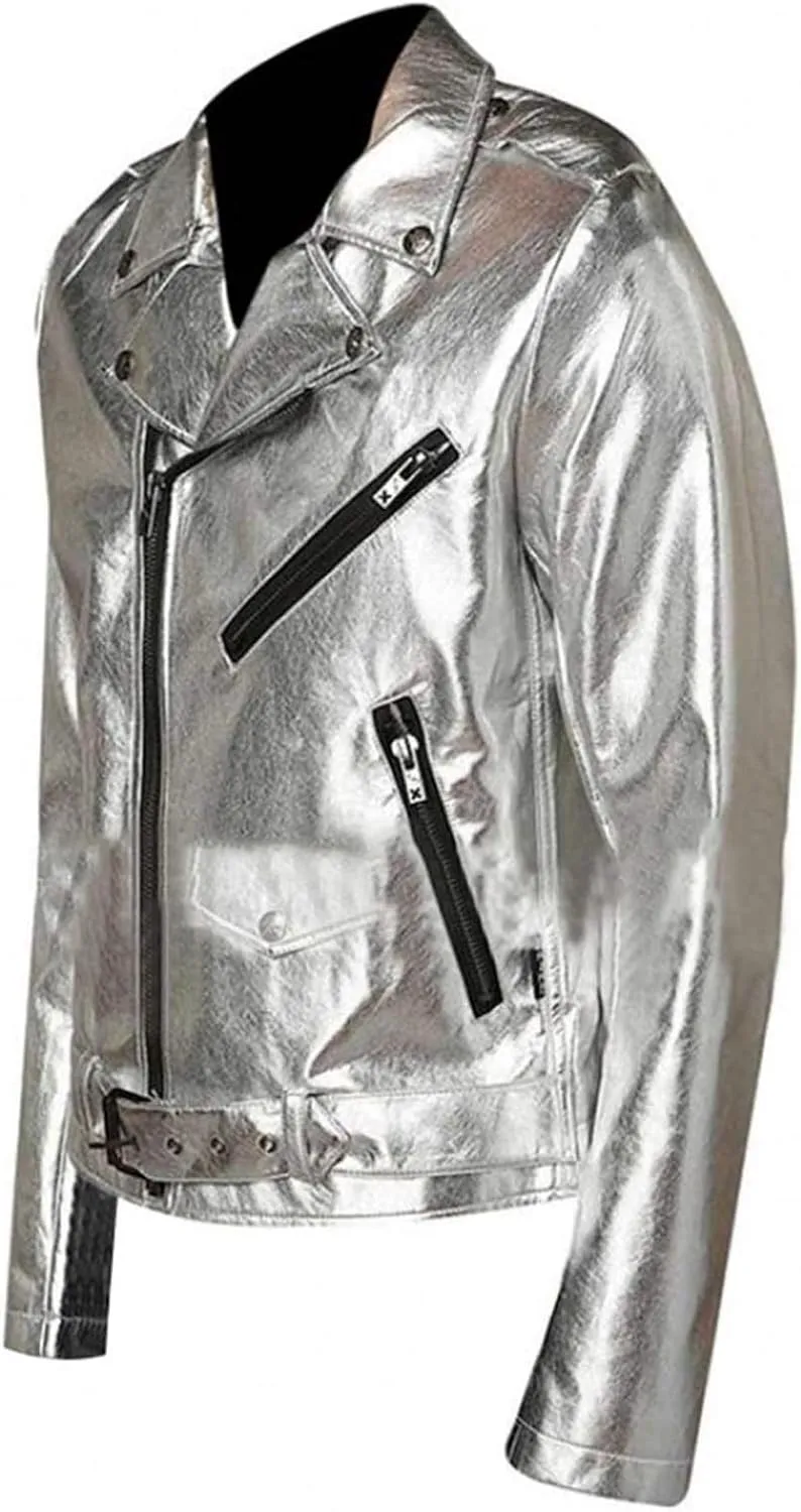 Men's Brando Slim Fit Shiny Silver Motorcycle Belted Leather Jacket, Faux/Real