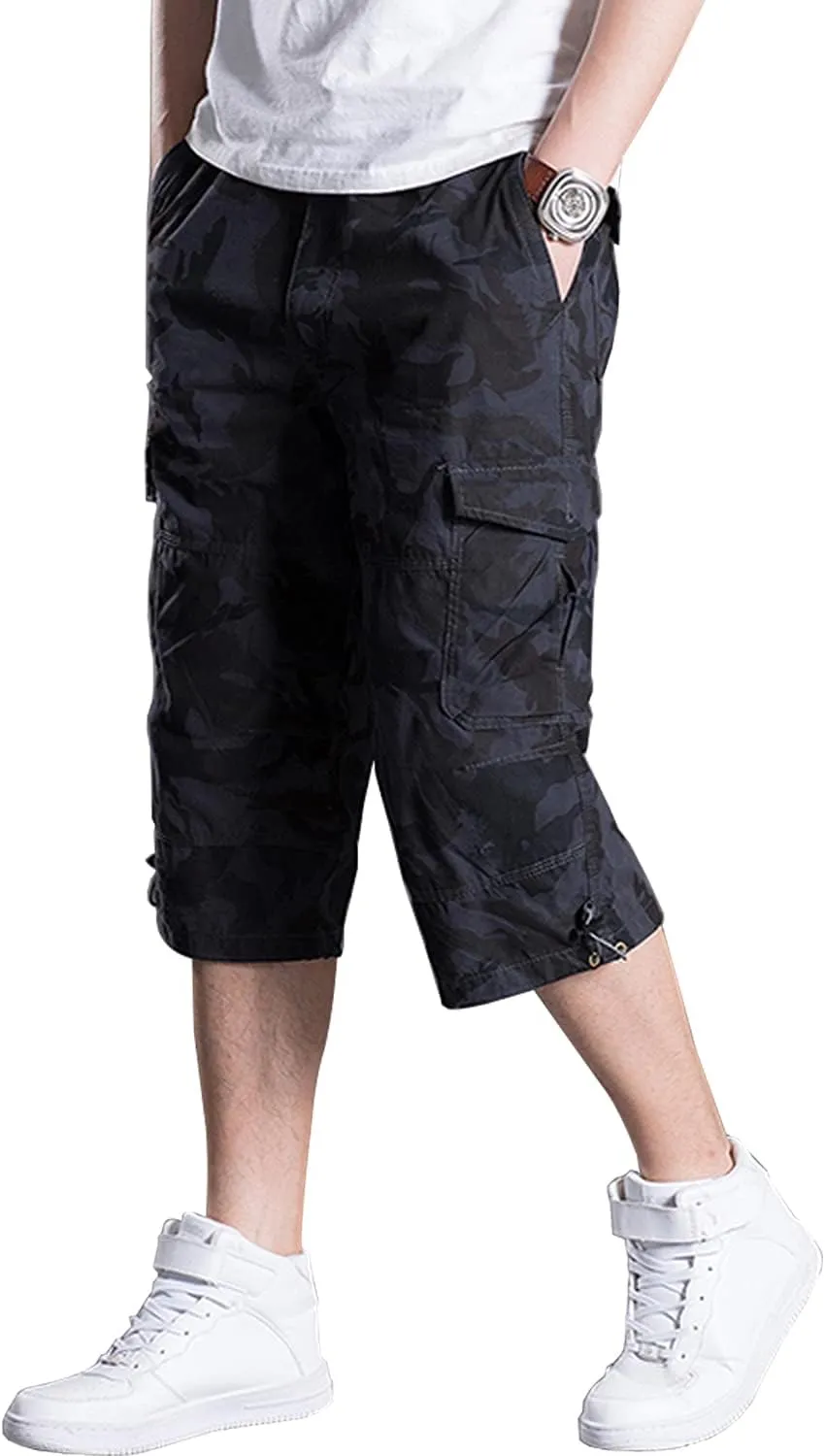 Men's Casual Cargo Shorts 16" Inseam Below Knee Multi Pocket 3/4 Capri Long Shorts Twill Relaxed Fit Pants