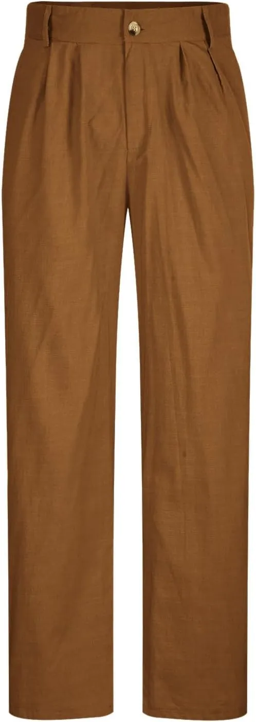 Mens Casual Linen Pants Loose Fit Elastic Drawstring Waist Straight-Legs Summer Yoga Beach Long Pants Trousers