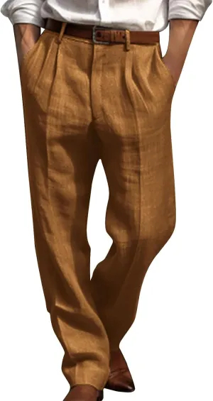 Mens Casual Linen Pants Loose Fit Elastic Drawstring Waist Straight-Legs Summer Yoga Beach Long Pants Trousers