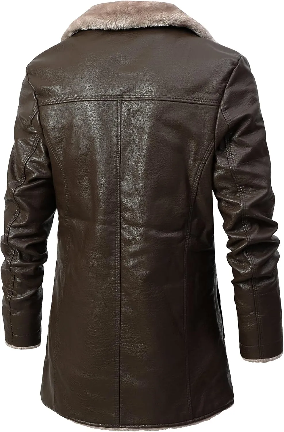 Men's Faux Leather Jacket Thick Faux Fur Shearling Lapel Collar Botton Down Long Trench Coats Black Brown