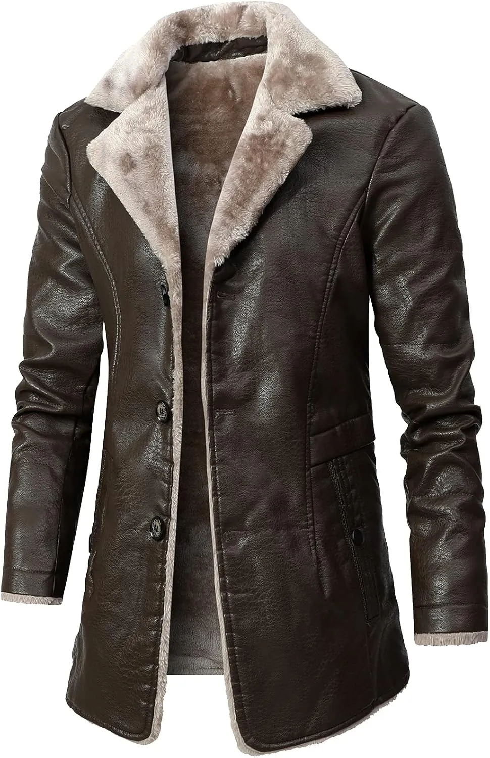 Men's Faux Leather Jacket Thick Faux Fur Shearling Lapel Collar Botton Down Long Trench Coats Black Brown