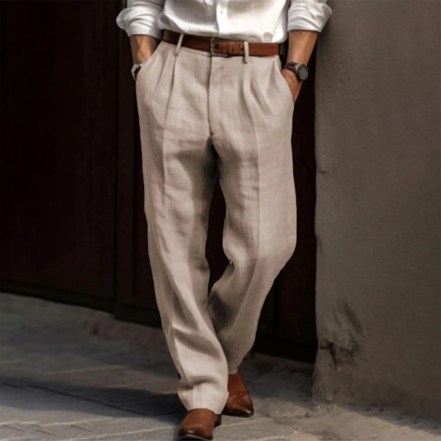 Men's Linen Pants Lightweight Straight Leg Pleated Leisure Trouser Relaxed Fit Casual Yoga Beach Work Dress Pant