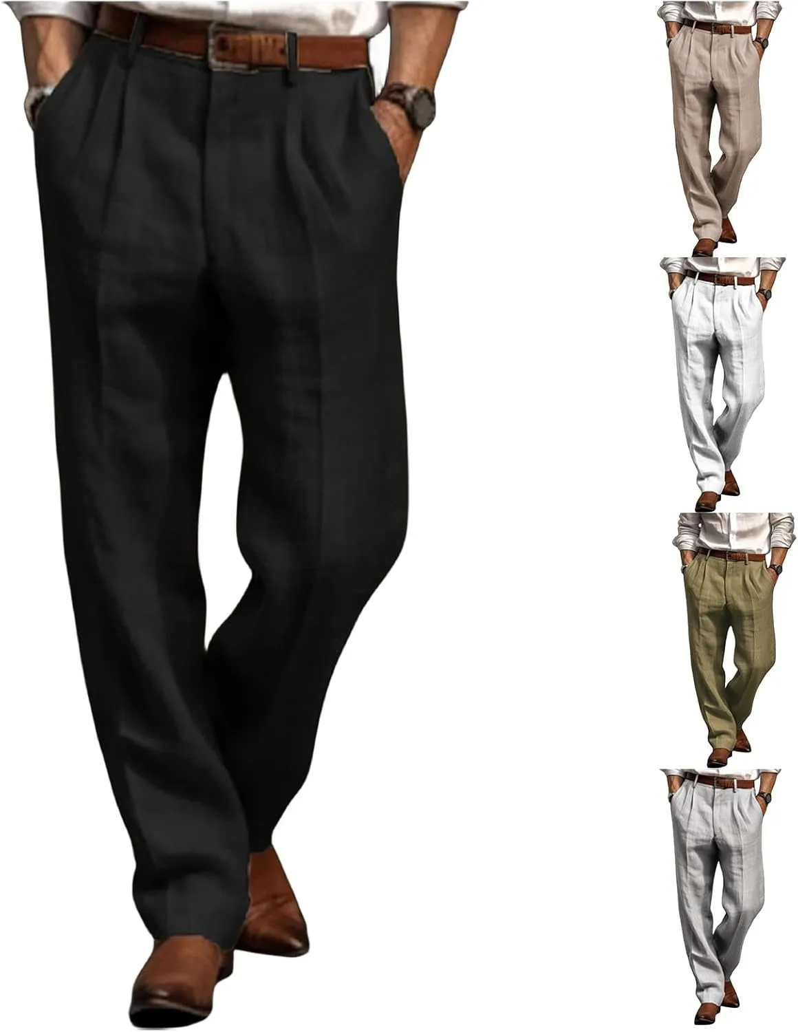 Men's Linen Pants Lightweight Straight Leg Pleated Leisure Trouser Relaxed Fit Casual Yoga Beach Work Dress Pant