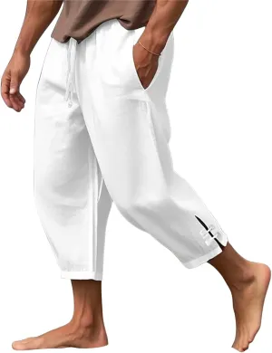Mens Linen Yoga Pants Harem Capri 3/4 Shorts Sweatpants Jogger Pant Drawstring Elastic Waist Beach Boho Yoga Trousers