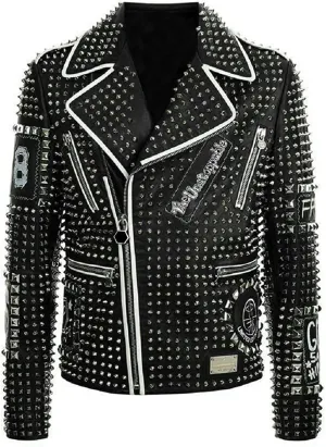 Men's Multicolor Diamond Studded Brando Retro Motorcycle Rock Punk Biker Genuine Leather Jacket