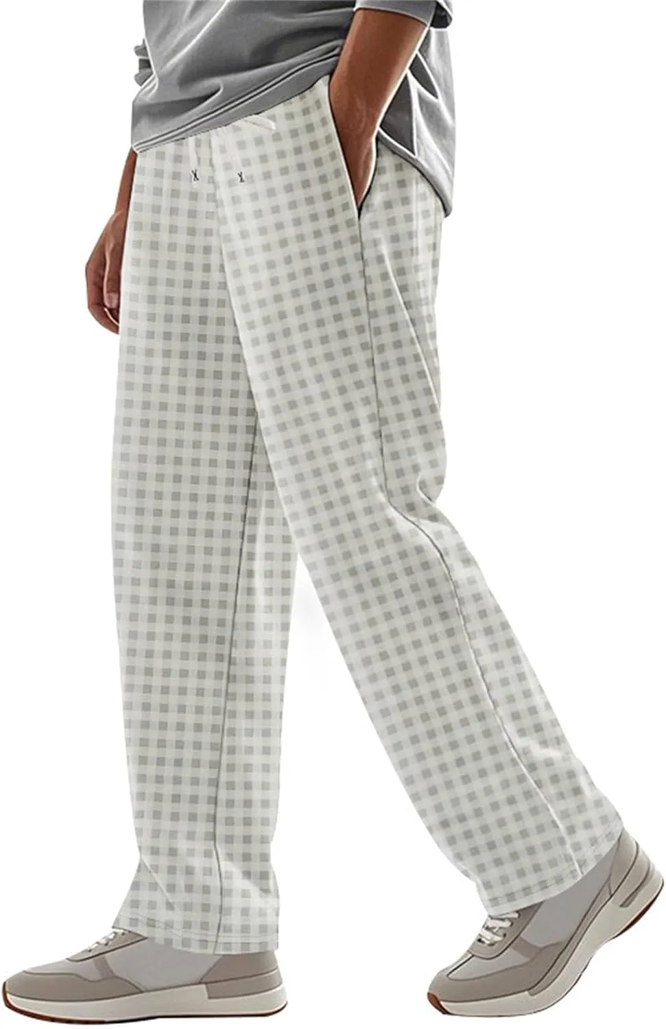 Mens Plaid Pants Straight Leg Casual Pants Open Bottom Fashion Sweatpants Loose Drawstring Waist Trousers for Summer