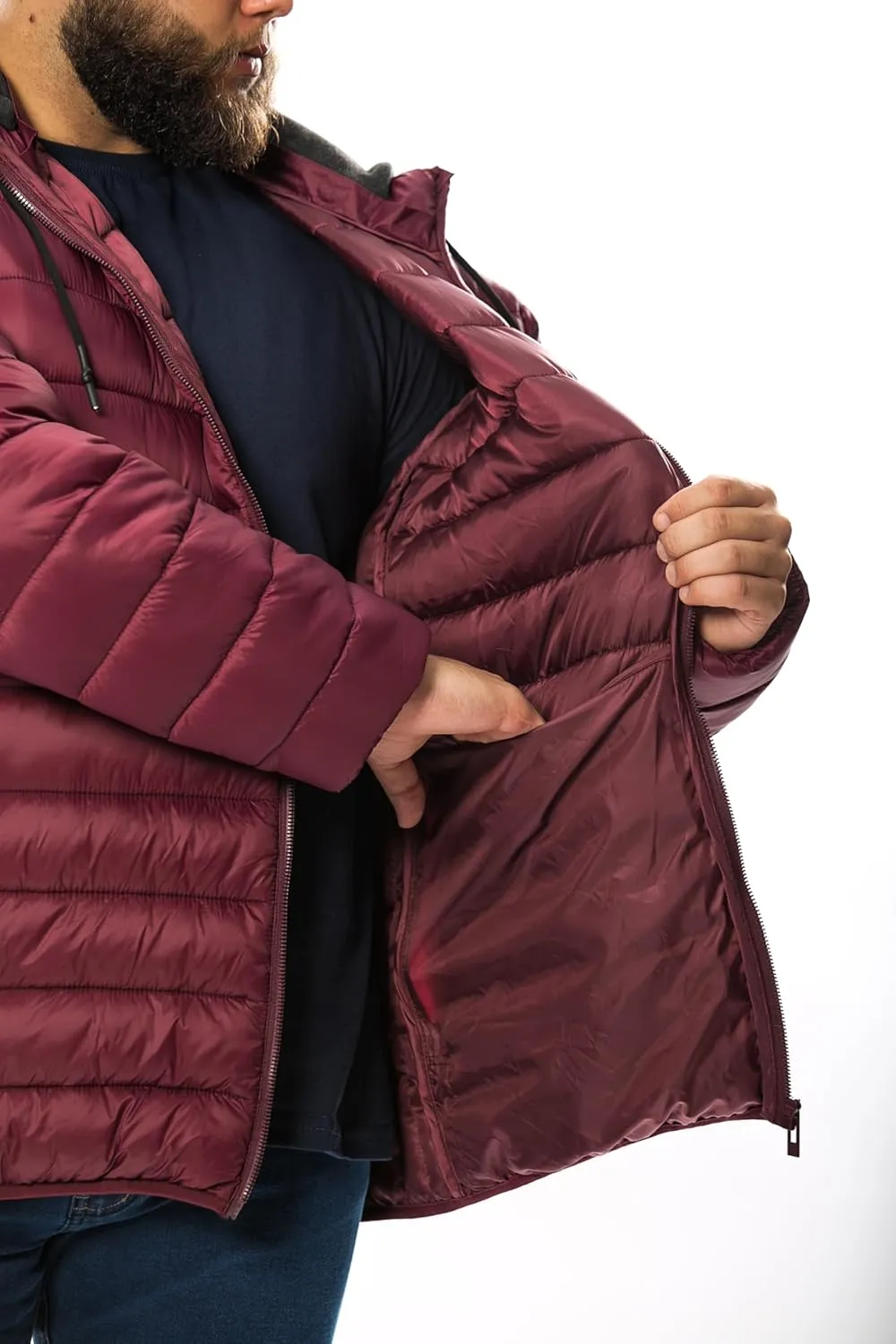 Men's Plus Size Puffer Jacket  Lightweight Hooded Insulated Winter Coat, Windproof, Zipper Down Jacket, Warm & Durable