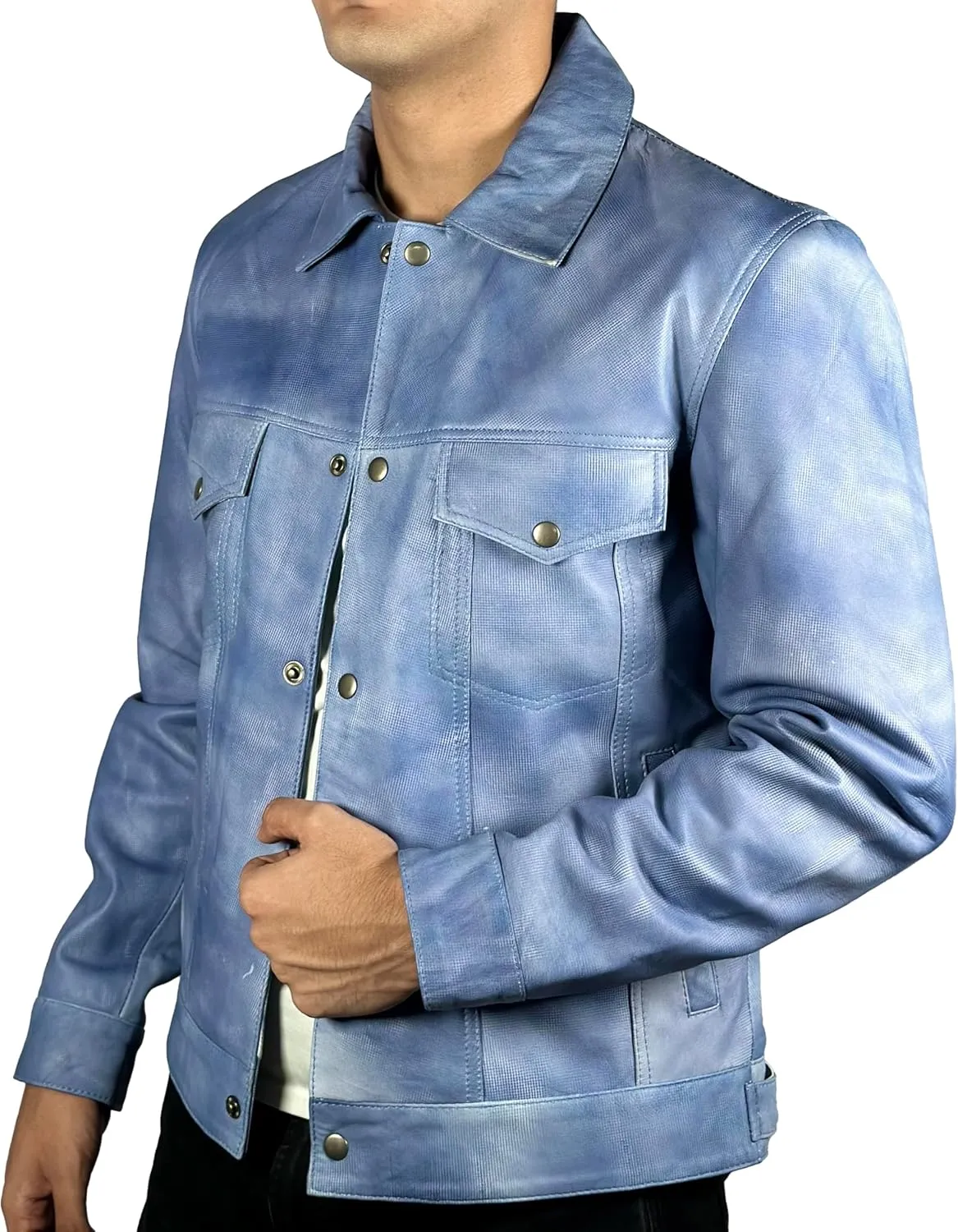Mens Premium Lambskin Leather Vintage Trucker Jacket Classic Shirt Collar Fashion Motorcycle Leather Jacket