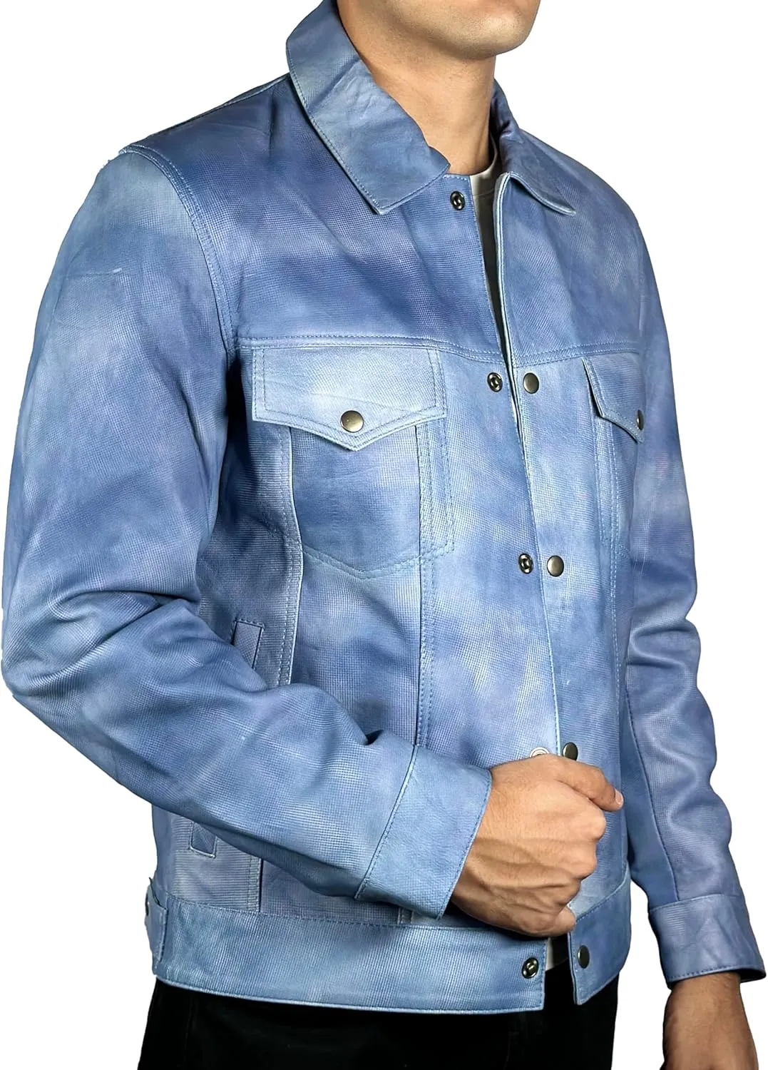Mens Premium Lambskin Leather Vintage Trucker Jacket Classic Shirt Collar Fashion Motorcycle Leather Jacket