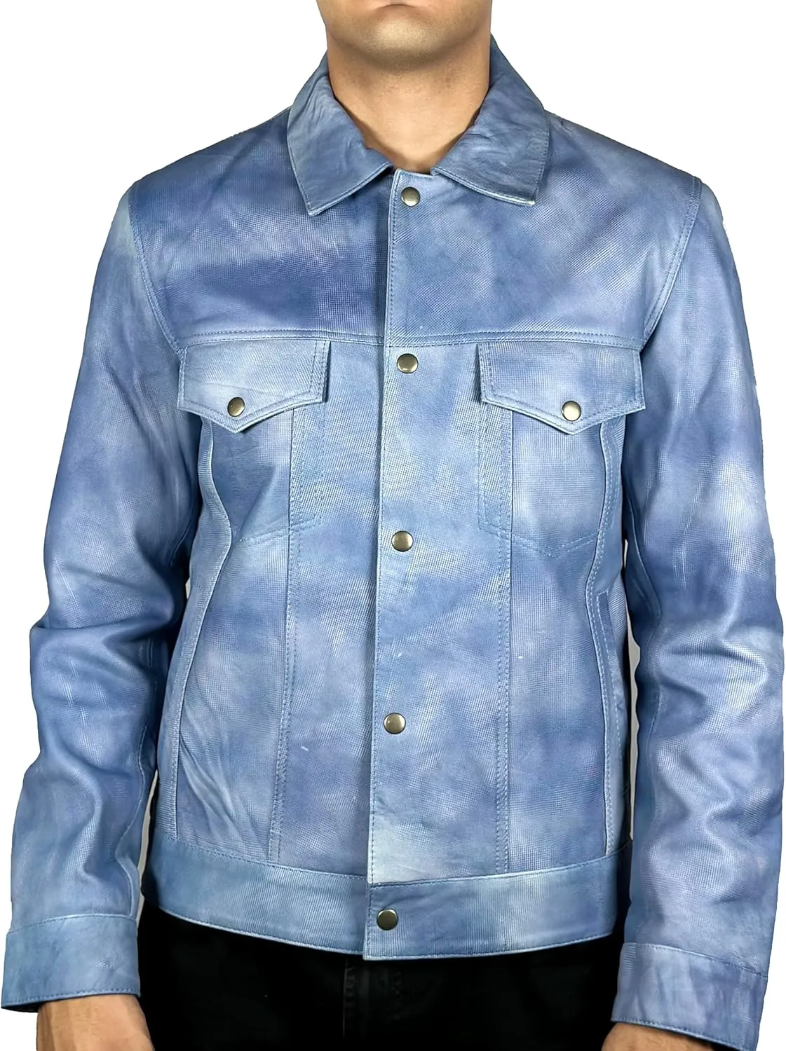 Mens Premium Lambskin Leather Vintage Trucker Jacket Classic Shirt Collar Fashion Motorcycle Leather Jacket