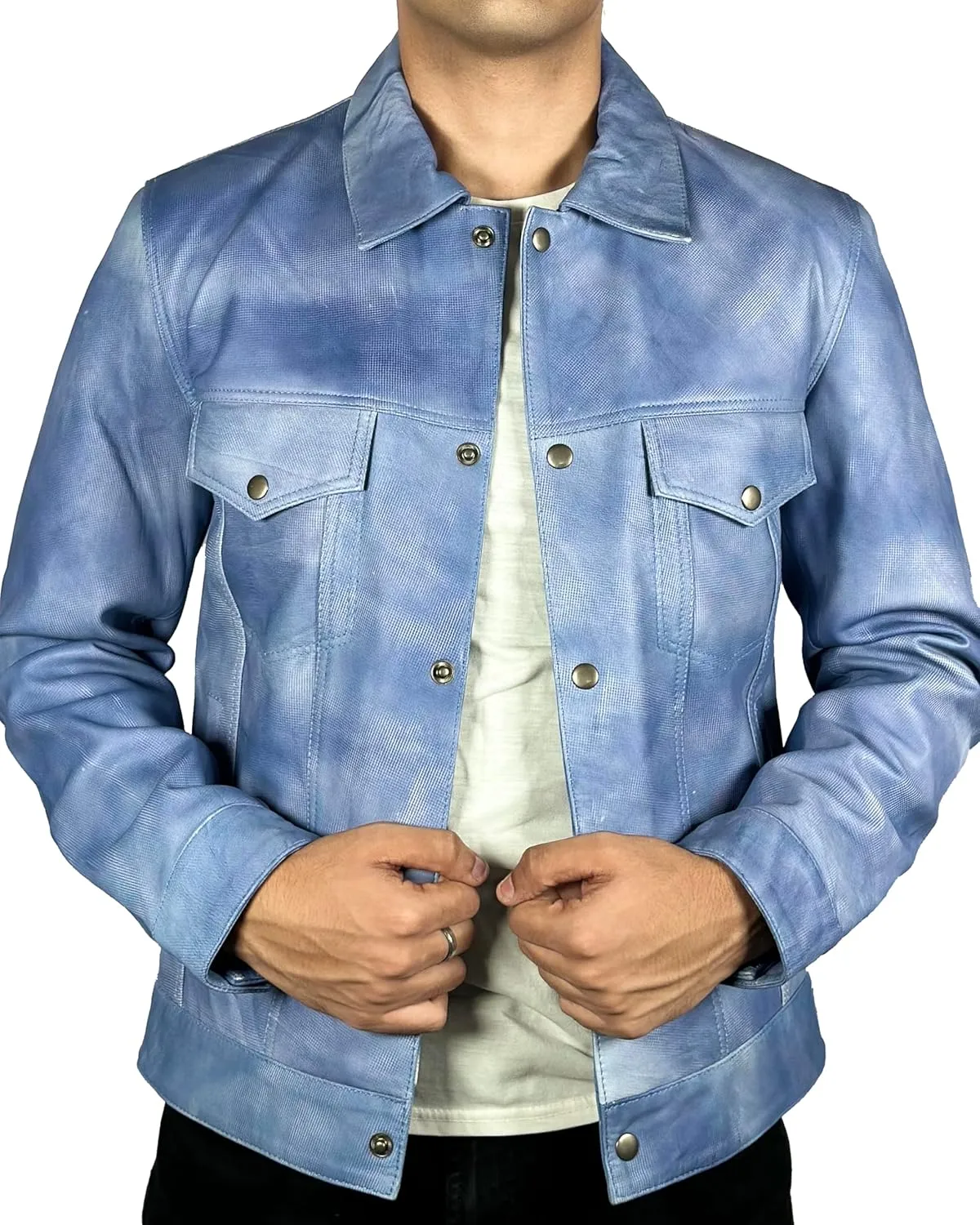 Mens Premium Lambskin Leather Vintage Trucker Jacket Classic Shirt Collar Fashion Motorcycle Leather Jacket