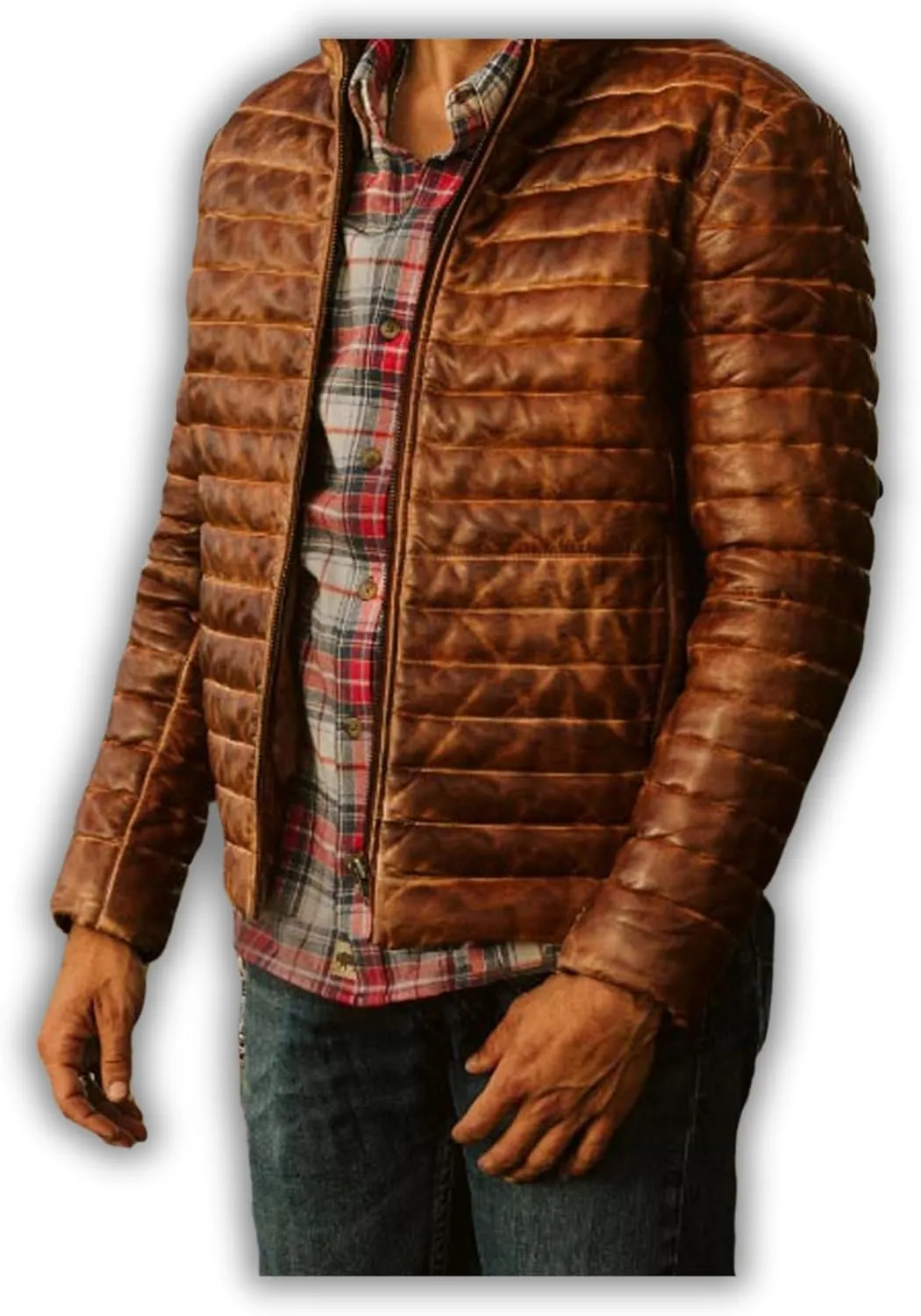Men's Puffer Down Leather Bubble Jacket Distressed Brown