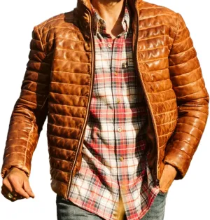 Men's Puffer Down Leather Bubble Jacket Distressed Brown